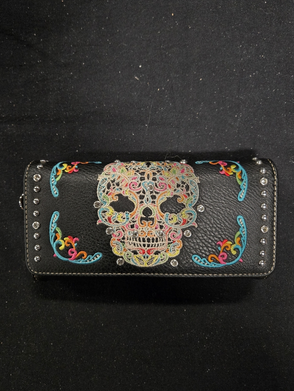 Montana West Black Embroidered Sugar Skull Wallet